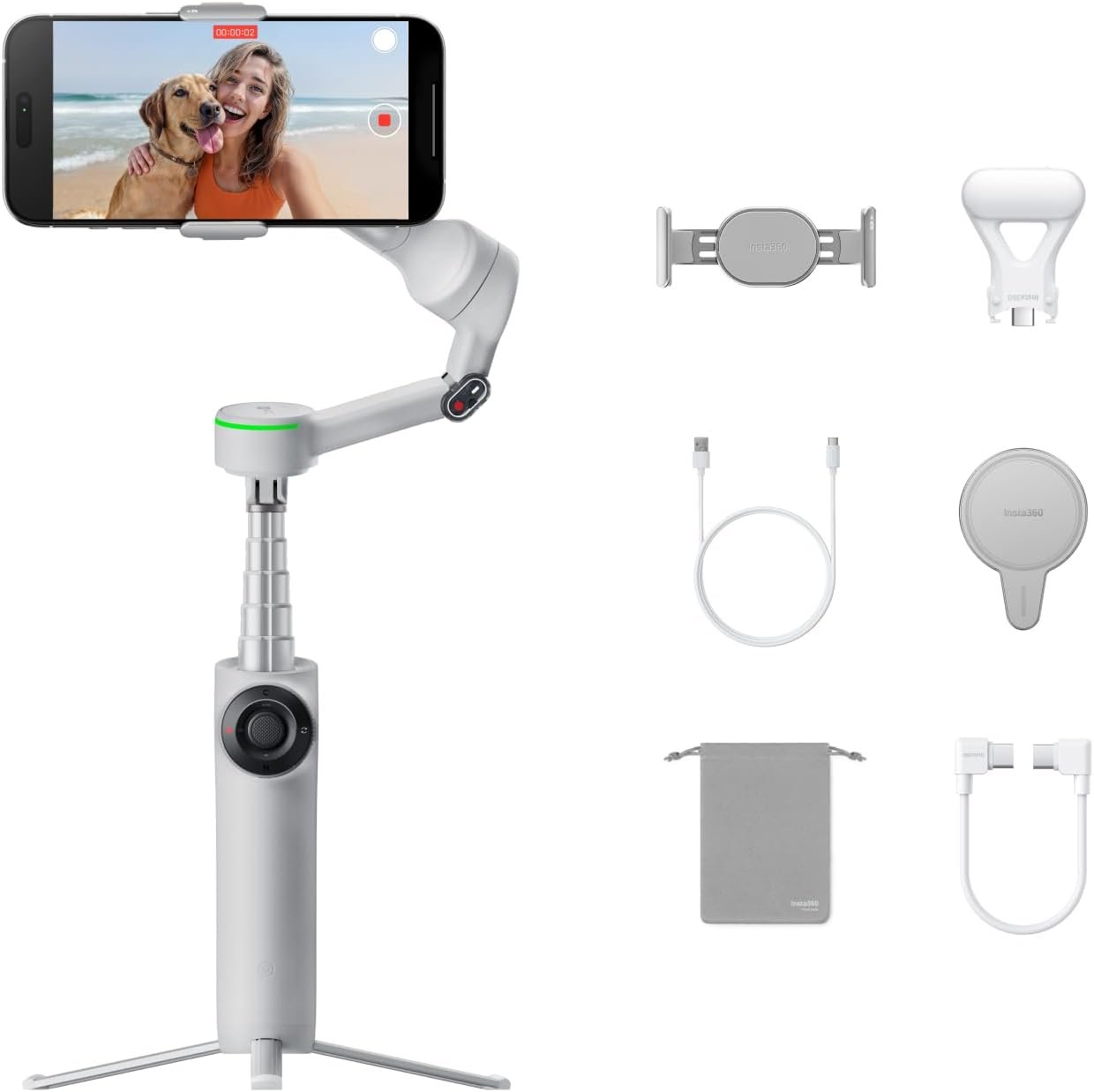 Insta360 Flow 2 Pro Creator Bundle Grey – Foldable AI Phone Gimbal, Apple DockKit, 360º Pan Tracking, Free Tilt Mode, Built-in Tripod/Selfie Stick, Portable Vlog/Travel Stabilizer, Spotlight, MagSafe
