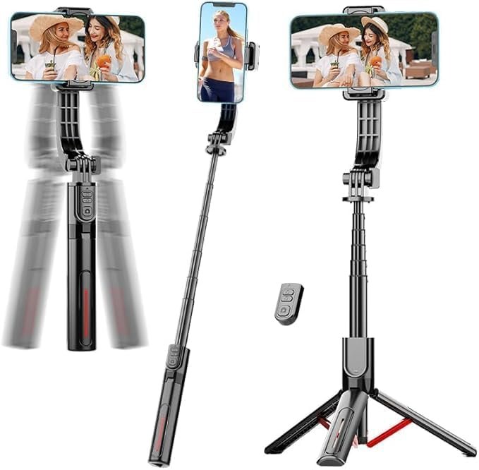 Phone Gimbal Stabilizer for Phone, Selfie Stick & Tripod with Remote Control | One-Touch Horizontal/Vertical Switch & 360 Rotation | Portable Design