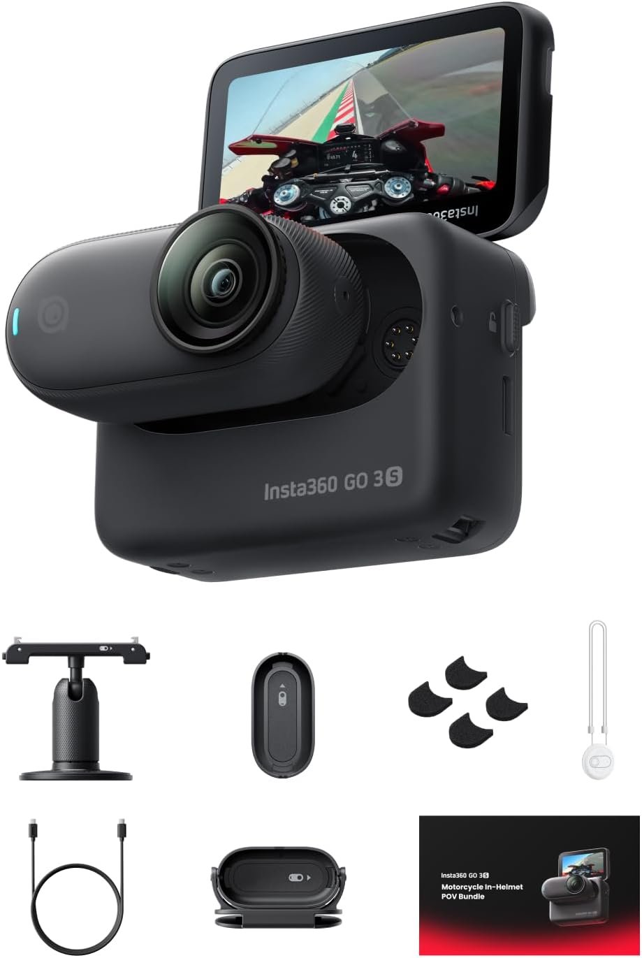 Insta360 GO 3S Motorcycle in-Helmet POV Bundle Special Edition – 4K Tiny Portable Vlogging Camera, Hands-Free POV Cam, Stabilization, 140 Min Battery Life, 10m Waterproof, Action cam for Moto, Sport