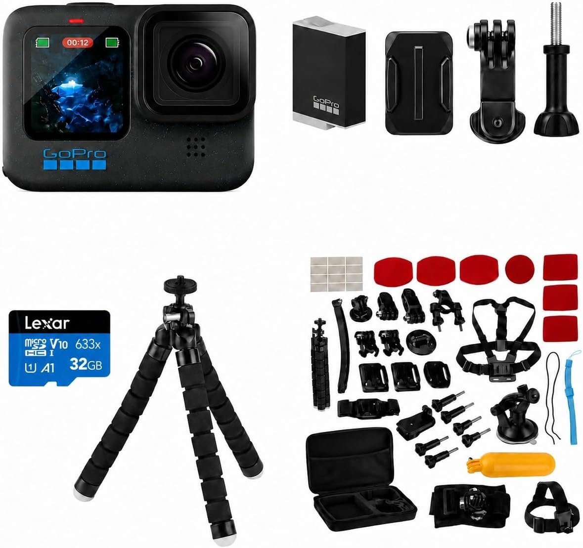 GoPro HERO12 Black Waterproof Action Camera with 5.3K60 Ultra HD Video, 27MP Photos, HDR, Live Streaming, Webcam, Stabilization, Bundle with Froggi Accessory Kit and 32GB Memory Card