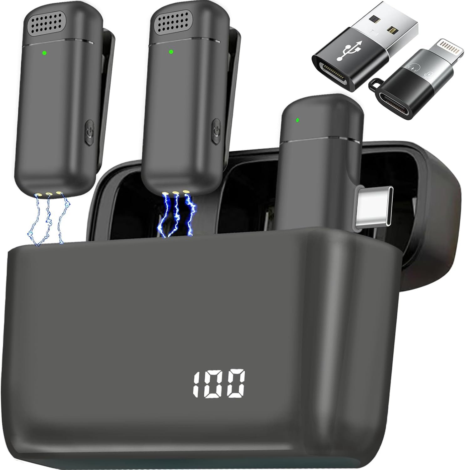 2 Pcs 3 in 1 Wireless Lavalier Microphones for iPhone iPad USB C Android Laptop with Charging Case, Clip on Lapel Mic Plug-Play Cordless Mini Mic for Video Recording Vlogging, YouTube, Interview