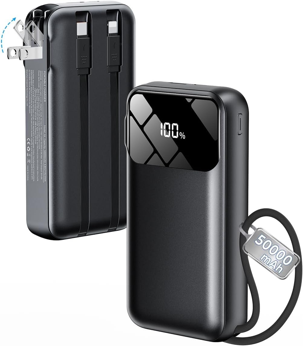 Portable Charger 50000mAh, Power Bank with Built-in Cables & Wall Plug