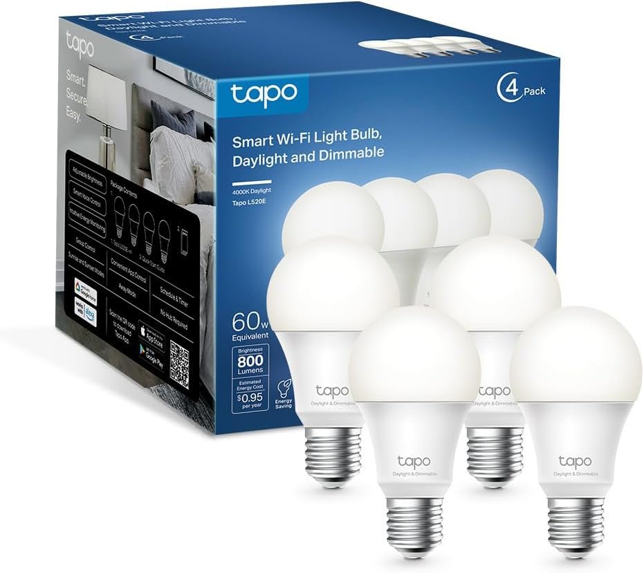 TP-Link Tapo Smart Light Bulbs – Natural Daylight, Dimmable, Compatible w/Alexa and Google Home, A60 Bulb/E27 Base, 60W Equivalent, 800LM CRI>90, 2.4GHz WiFi Only, No Hub Required, Tapo L520E(4-Pack)