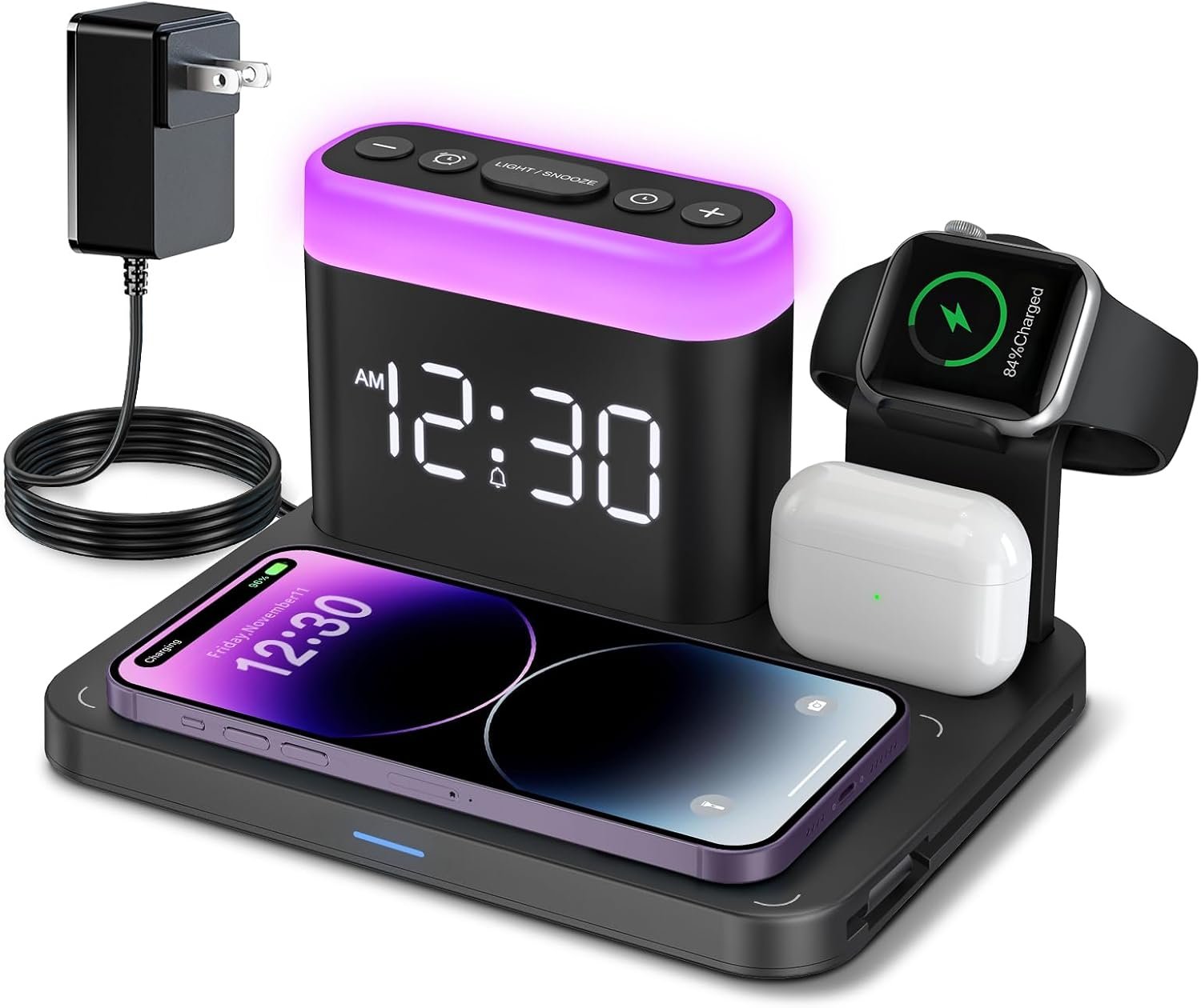 ANJANK Wireless Charging Station,5 in 1 Multiple Charger Stand with Alarm Clock,7 Night Light,Magnetic Charging Dock for iPhone 18 17 16 15 Pro Max Duo Air Plus, Apple Watch 12/11, for Airpods,Bedroom