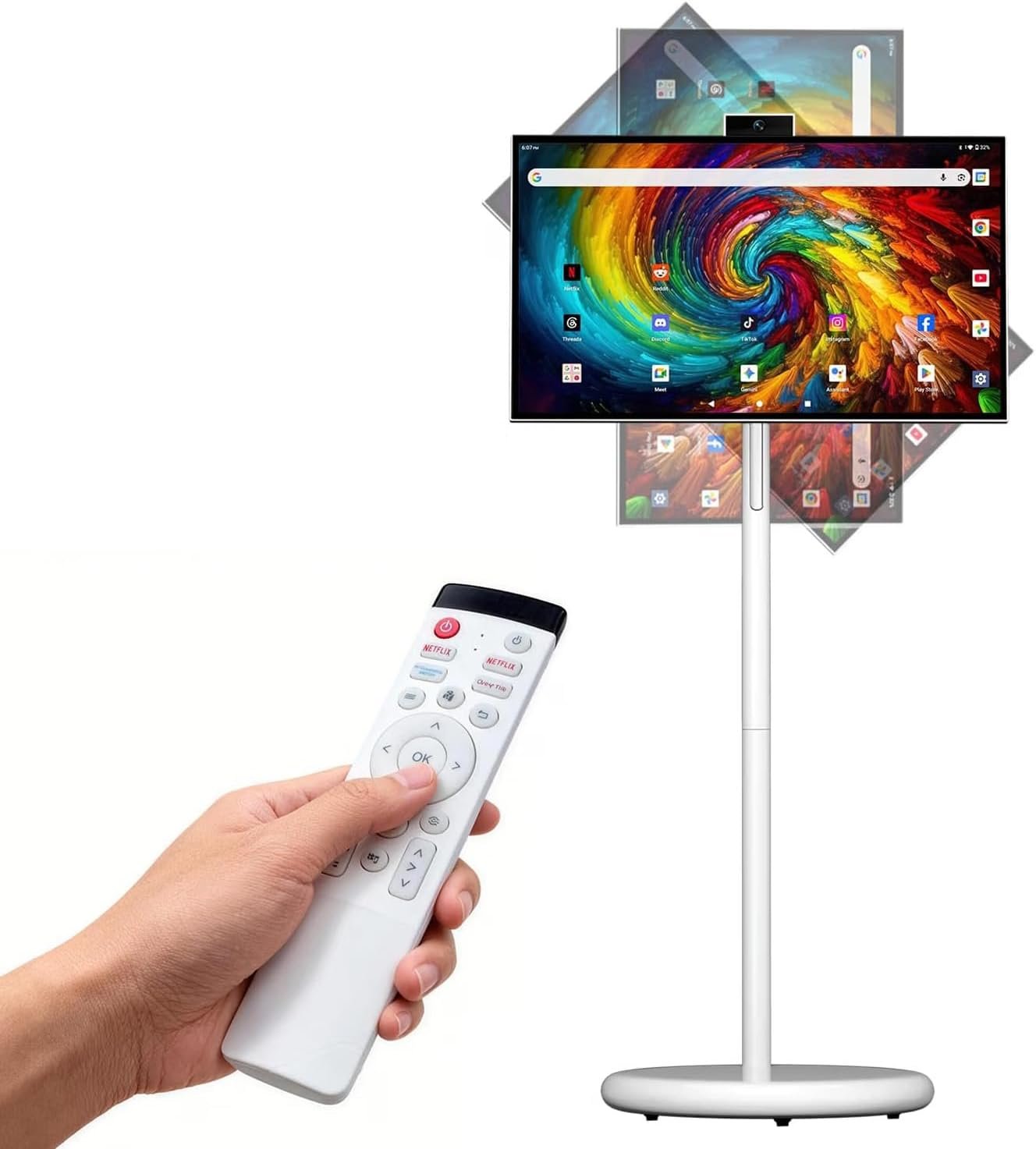 27″ Portable Smart Touchscreen Tablet TV on Wheels, Android 15 OS Mobile Smart Display with Google EDLA Certification, 6GB+128GB, Built-in Battery, 4K Camera, Wireless Casting, Rotating Rolling Stand