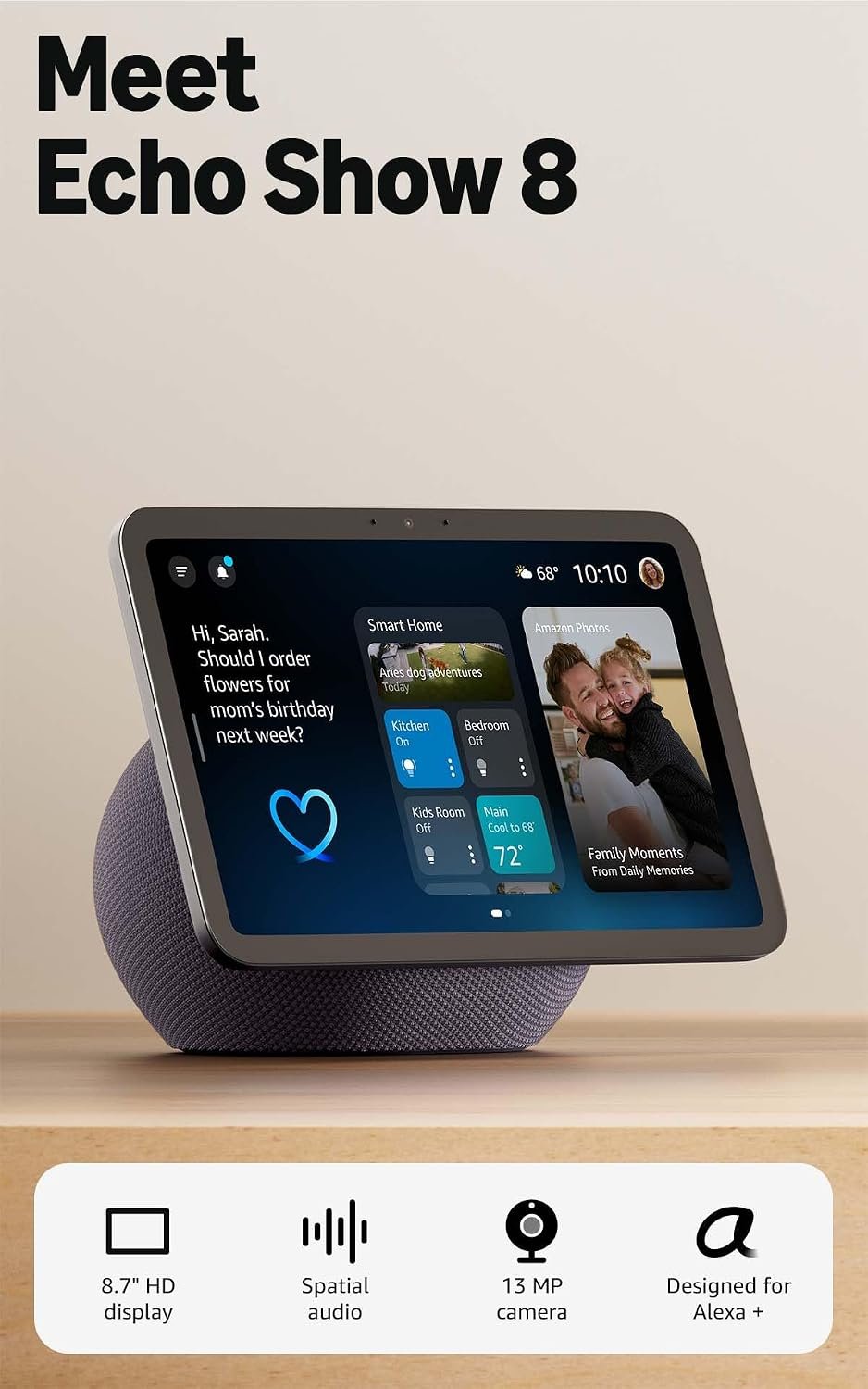 Amazon Echo Show 8 (newest model), Vibrant HD 8.7″ display with spatial audio, Designed for Alexa+, Graphite