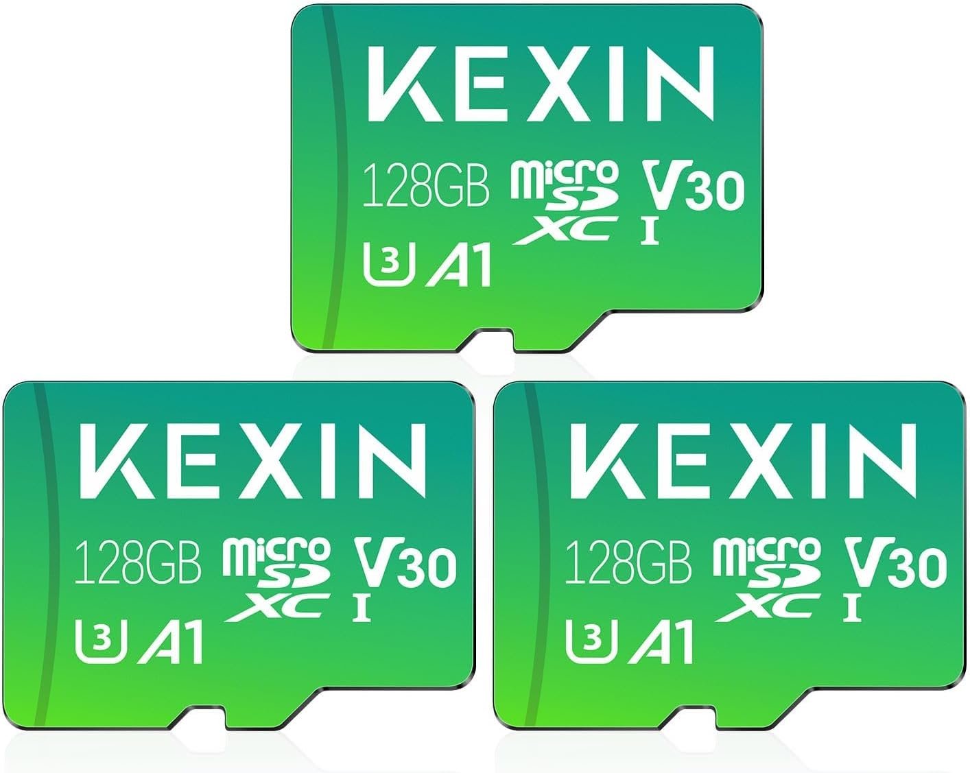 KEXIN 128GB Micro SD Card 3 Pack with Adapter – Up to 90MB/s 4K, V30, A1, C10, 4K UHD High Speed microSDXC UHS-I Memory Card Compatible with Action Camera Drone Game Smartphone Tablet 128G 3Pack