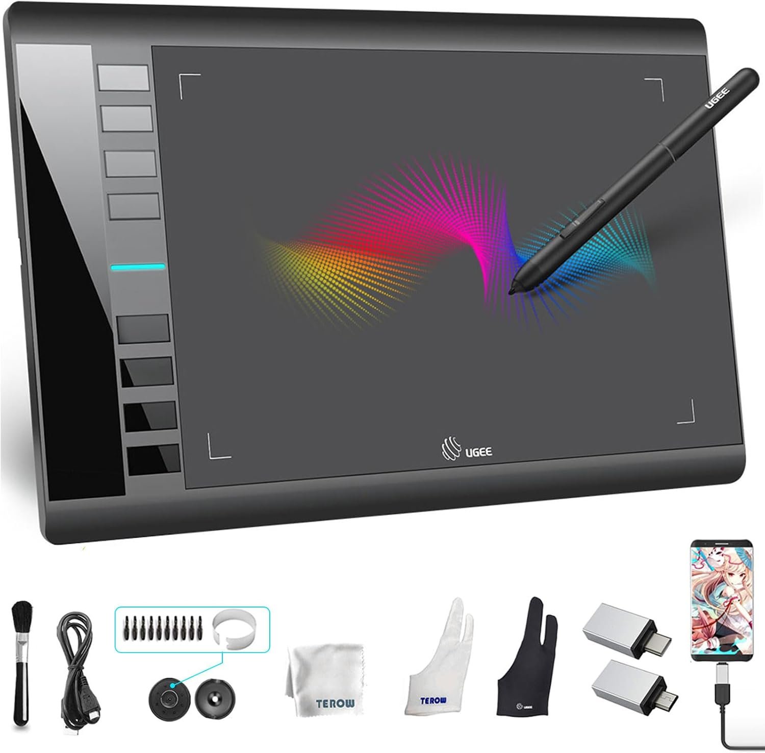 UGEE Drawing Tablet Graphics, M708 V2 Upgrade PC&Computer&Android Device,10×6 Inch Ultra Thin Large Graphic for PC, Pad with 8 Hot Keys Upgrade 16384 Level Battery-Free Stylus for Unleash Creativity