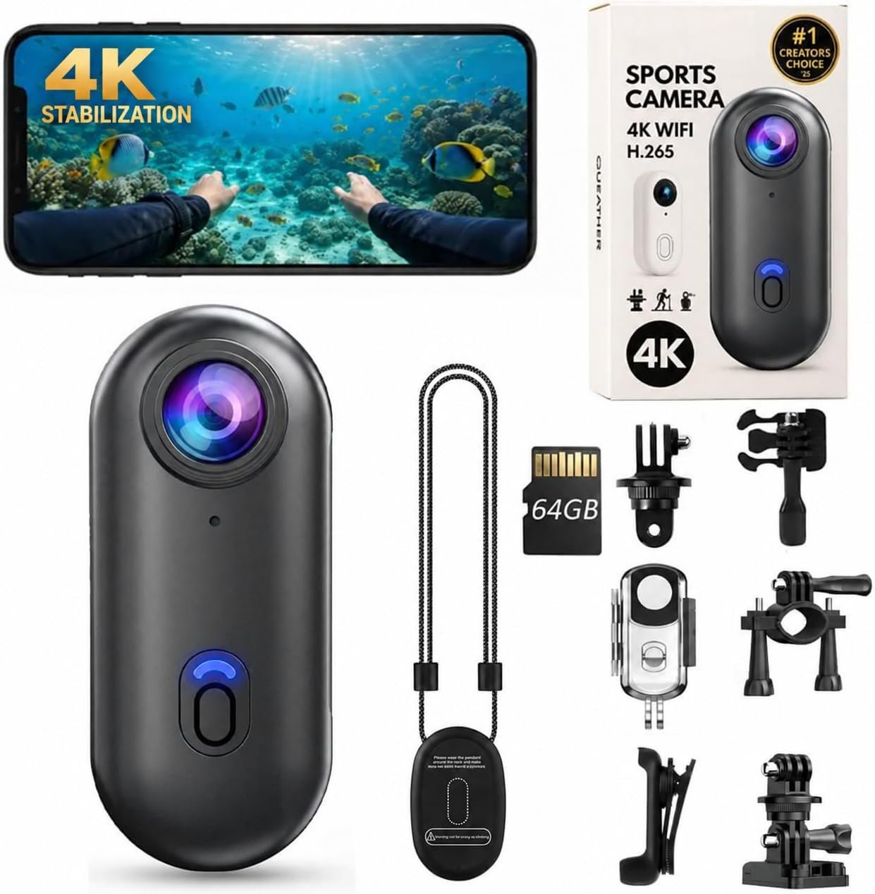 4K POV Thumb Action Camera Wearable Mini Body Camera Clip On 6‑Axis EIS Waterproof Hands-Free Body Cam Video Recorder for Ski Cycling Running Swimming Hiking Travel Vlogging