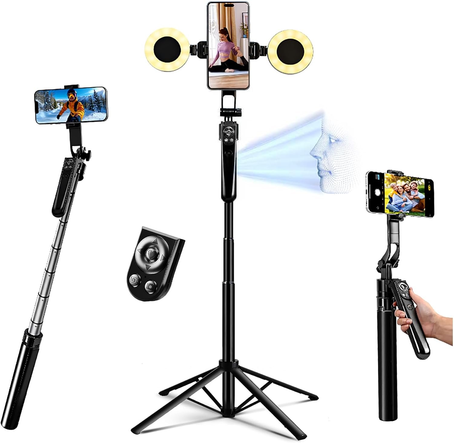 Auto Face Tracking Selfie Stick Tripod for iPhone with Light 360 Rotation that Follows Your Movement 70.9″ Camera Tripod Stand with Remote for Content Creator Vlog Live Stream Video Recording