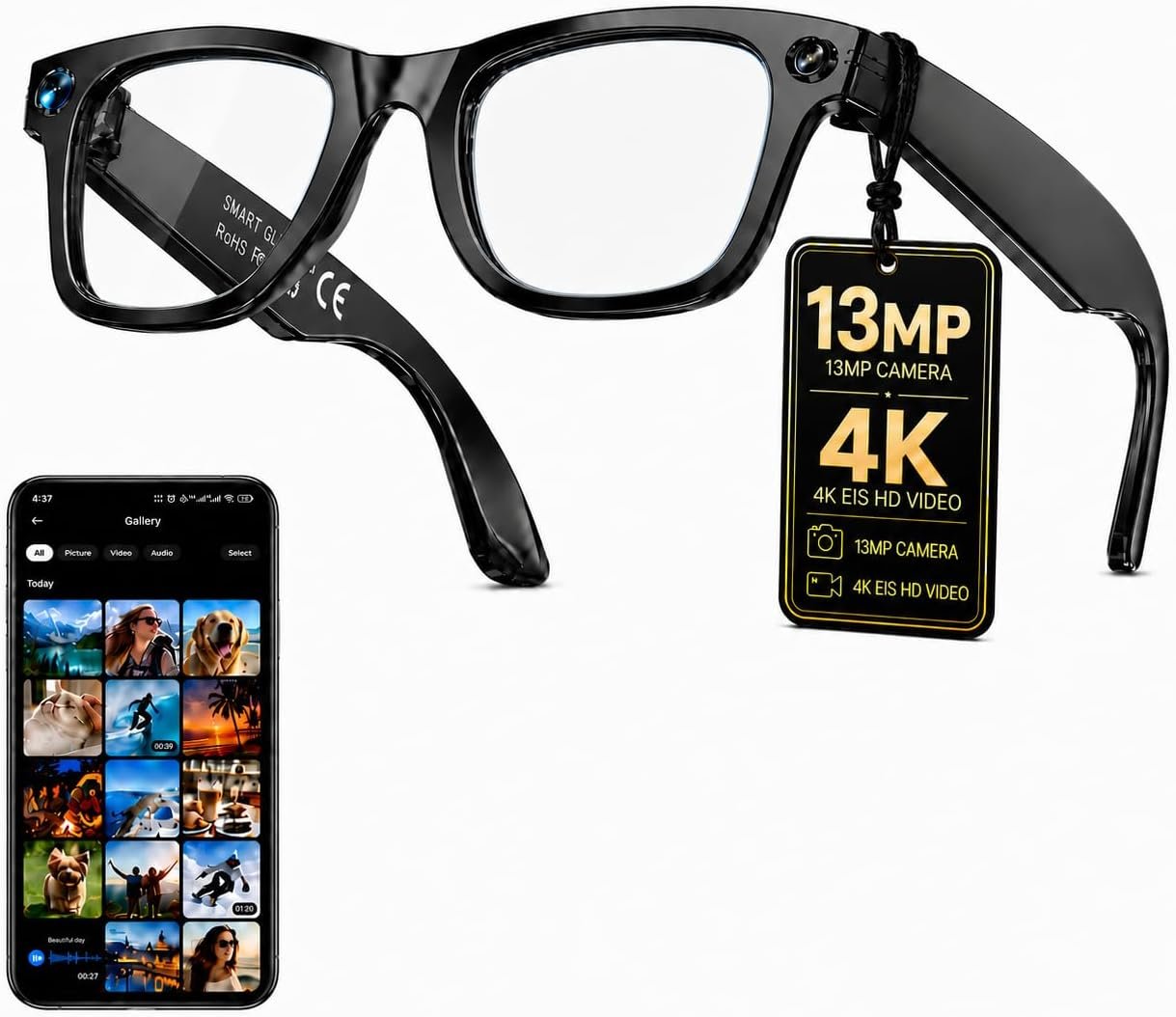 AI Smart Glasses with Camera, 13MP HD Capture, 4K EIS, Transparent Lenses