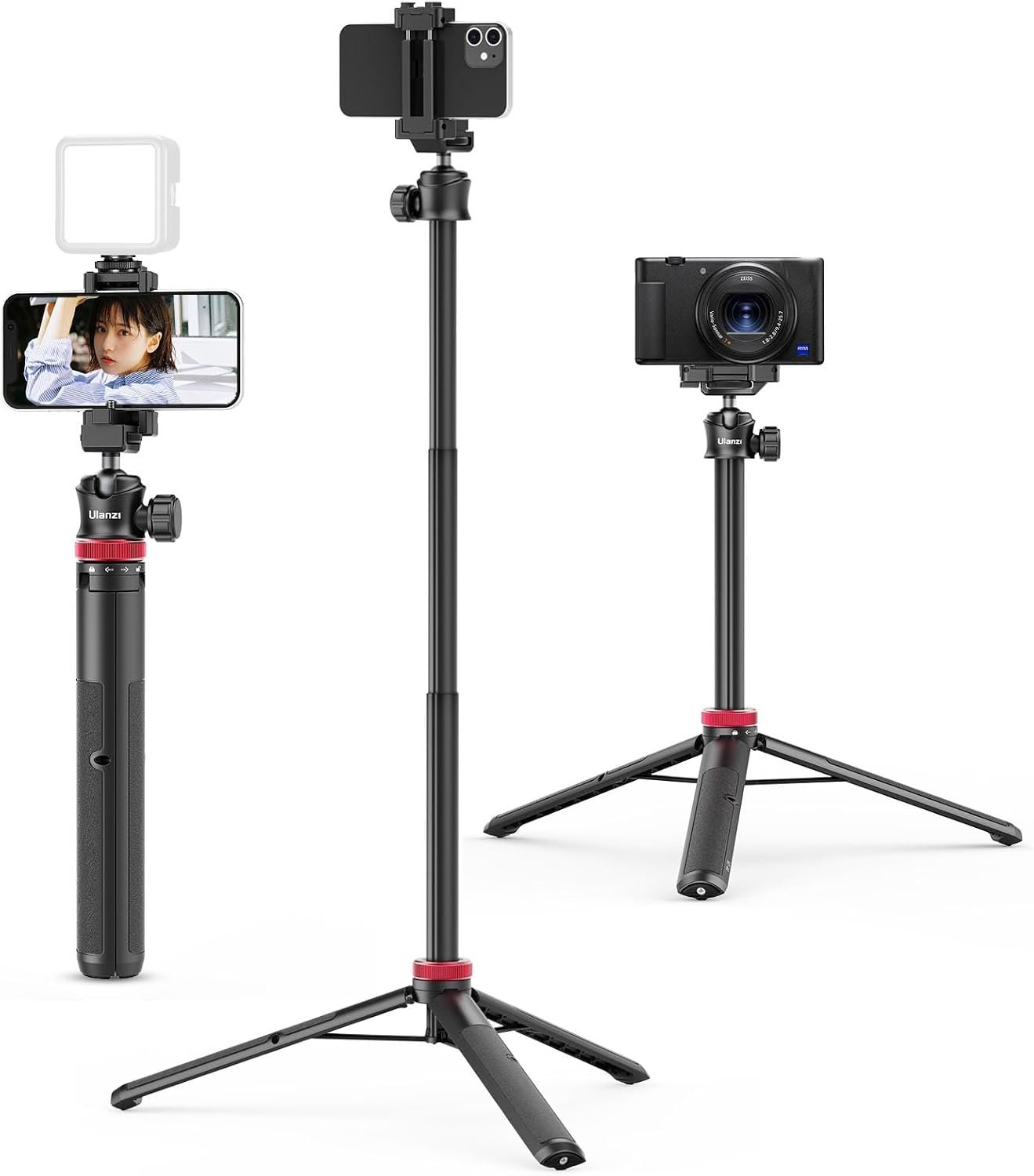 ULANZI MT-44 Auto Open Phone Tripod, 59″ Extendable Selfie Stick Vlog Stand