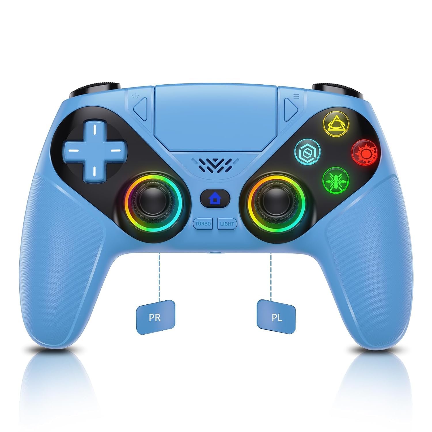 Dinosoo RGB Wireless Controller for PS5/PlayStation 5 PC, Bluetooth Controller with Turbo, Macro, Dynamic Vibration, 6-Axis Motion Control, 3.5mm Audio Jack, 1000mAh Battery, Speaker – Blue