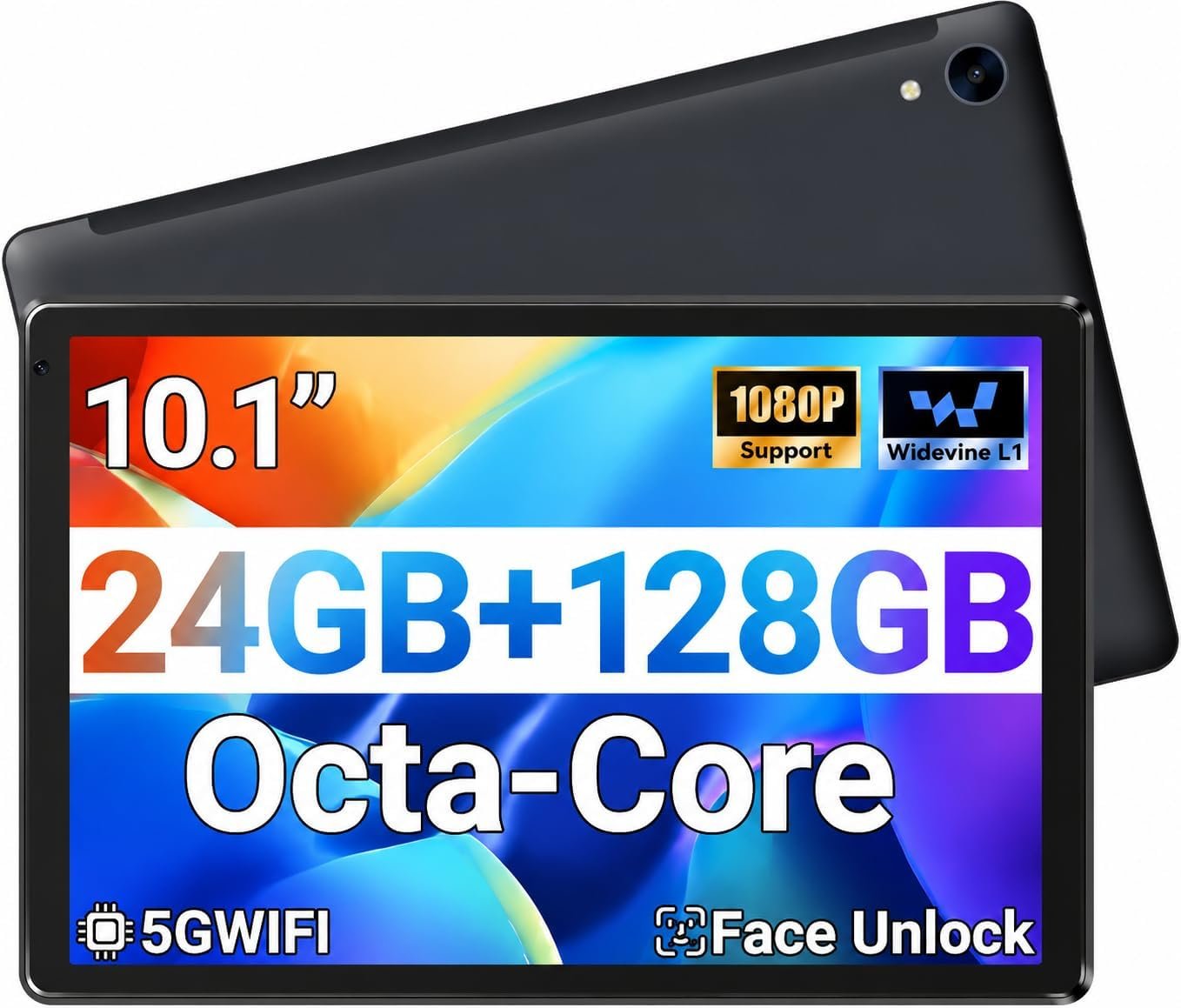Android Tablet 10 Inch 24GB RAM 128GB ROM 1TB Expand, Octa-Core Processor, Widevine L1 HD IPS Touchscreen, WiFi 6 BT5.3 Dual Camera Face Unlock Tablet, Black