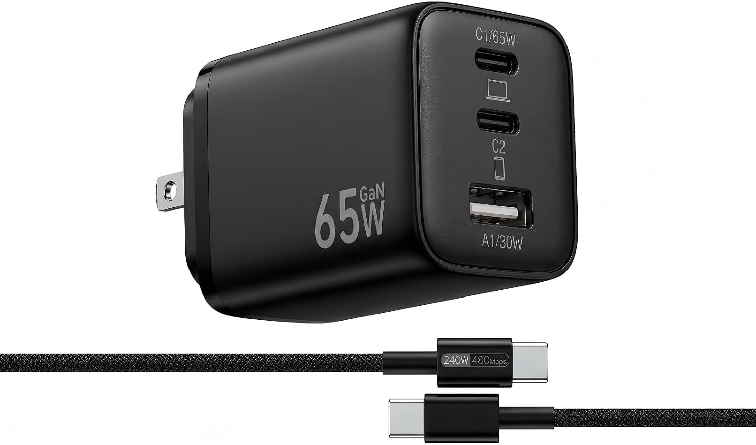 65W USB C Charger Block, 3-Port GaN III Fast Charger with 6FT 240W Cable