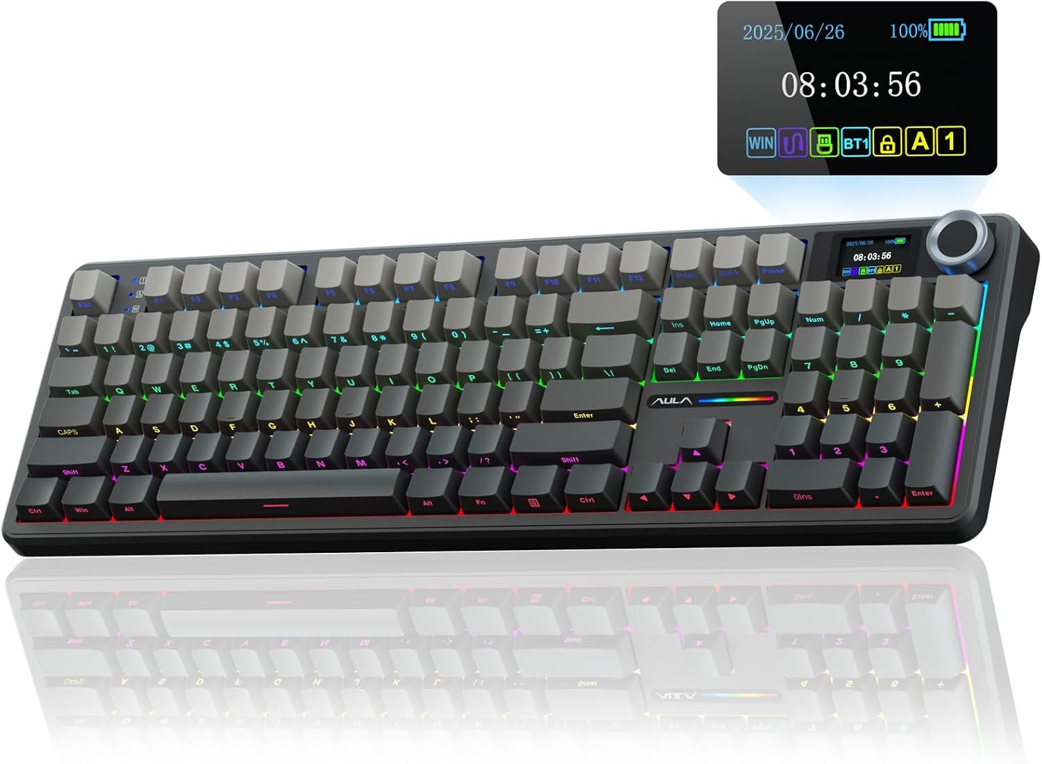 AULA F108 PRO – Wireless Mechanical Keyboard with Screen & Knob,Full Size Keyboard with 8000mAh Battery,Pre-lubed Switches,Side Printed PBT Keycaps,RGB Backlit Hot Swappable Custom Gaming Keyboards