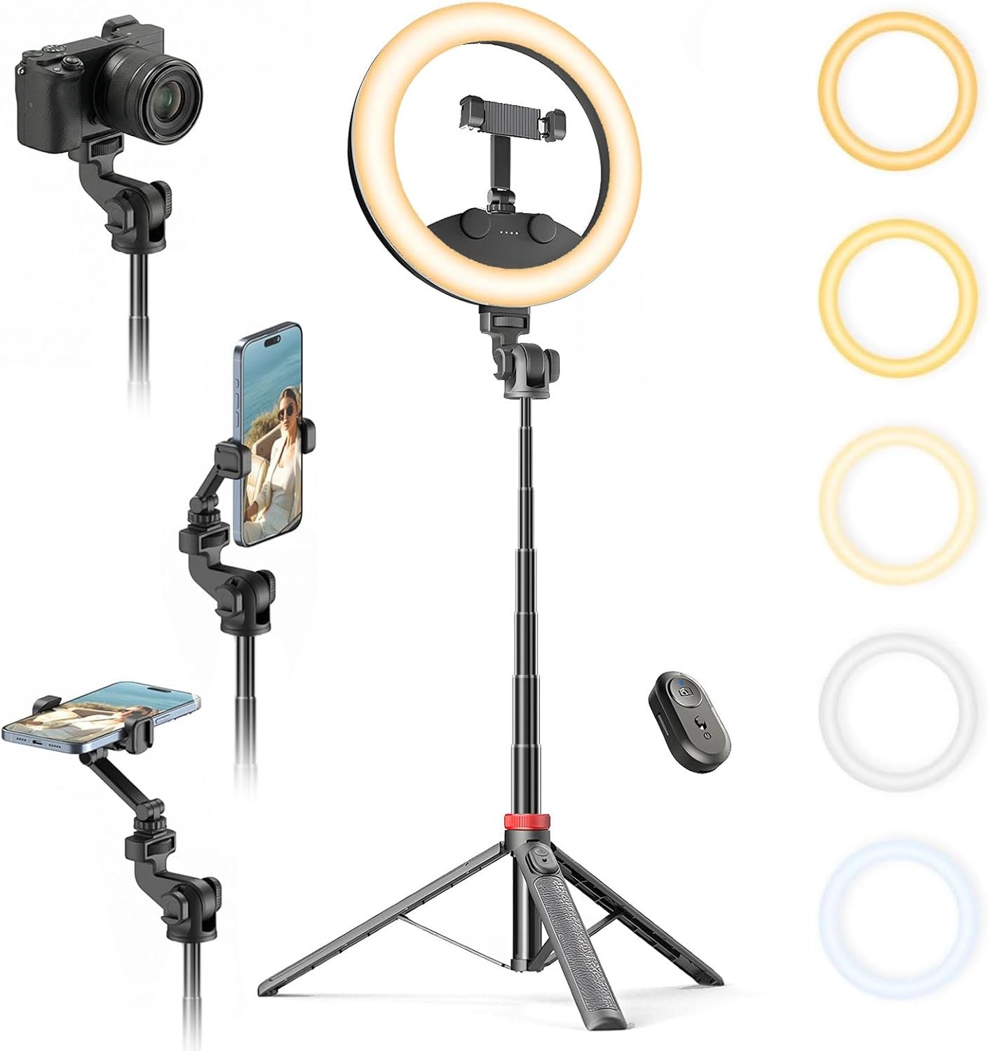 10”Selfie Ring Light with 64”Tripod Stand,Rechargeable Ring Light with Phone Holder and Remote Control,Adjustable Color Temperature and Brightness,5000mAh Battery,Live Streaming,Makeup,Travel,Gaming