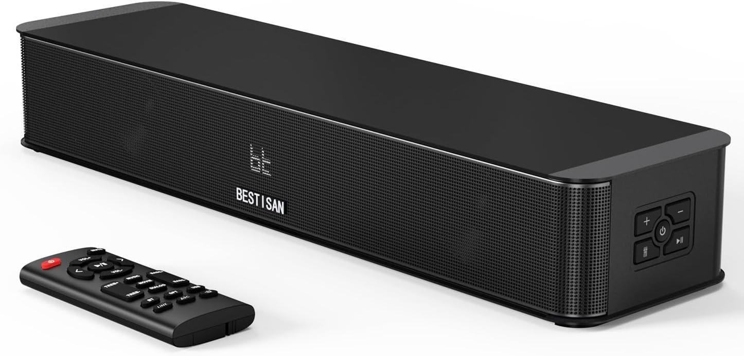 BESTISAN 2.1ch Sound Bar with Built-in Subwoofer, 120W Peak Power, HDMI ARC/Opt/AUX/USB/Bluetooth 5.3, 3 EQ Modes & Volume Boost, 16.5″ All-in-One for TV/PC/Gaming/Projector