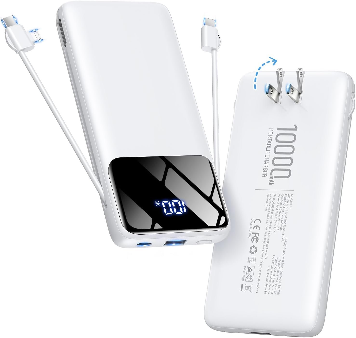 Portable Charger 10000mAh Power Bank with Built-in Cables and Wall Plug