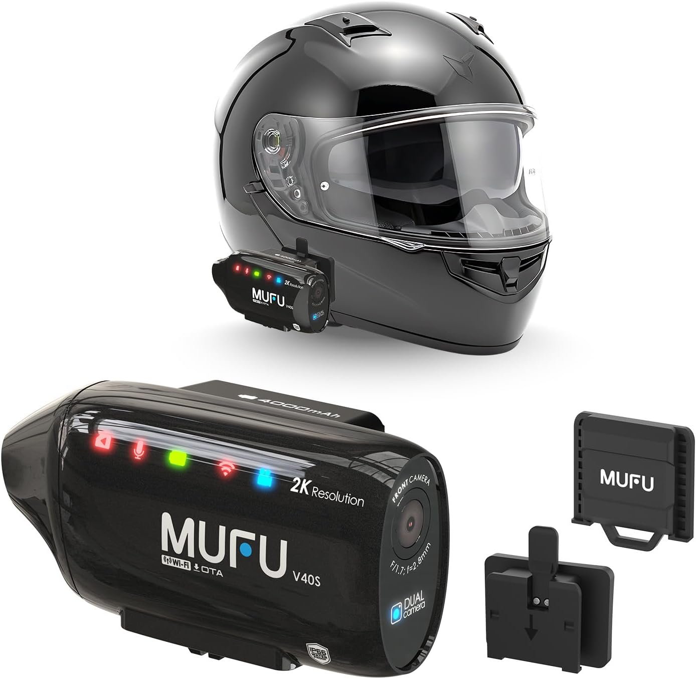 MUFU V40S Motorcycle Dash Cam, 2K Dual Front & Rear Camera for Side Mount Helmet, 4000mAh Battery 8H Loop Recording, IP66 Waterproof, 64GB Memory Card