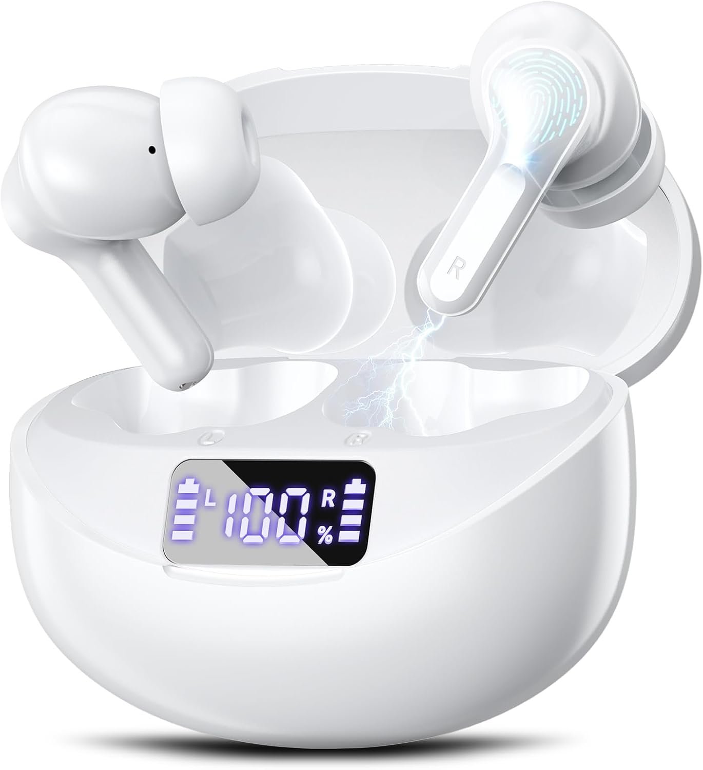 Wireless Earbuds Bluetooth 5.4 Headphones, Noise Cancelling Mic Ear Buds with 50H Playback, LED Digital Display, lPX7 Waterproof Earphones for Office/Running/Workout(White)