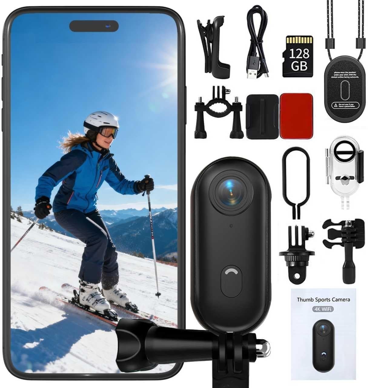 4K 128GB Thumb Action Camera, Hands-Free Magnetic POV Sports Cam