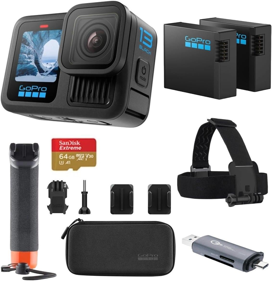 GoPro HERO13 Black Action Camera with 5.3K60 Video, 27MP Photos, HyperSmooth 6.0 Stabilization, The Handler Grip, 2 Enduro Batteries, 64GB SD Card, Head Strap, Adhesive Mounts, 1-Year Warranty