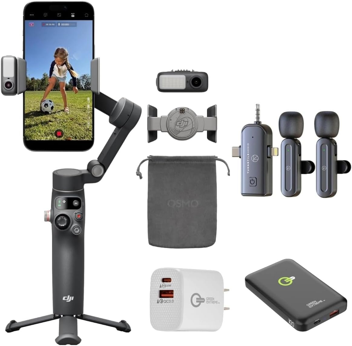 DJI Osmo Mobile 8 Gimbal Stabilizer for Phone, Native Tracking with Audio & Lighting, 360° Pan Rotation, Extension Rod & Tripod, Robust 3-Axis Stabilization + Wireless Mic Set + Charger + Wall Charger