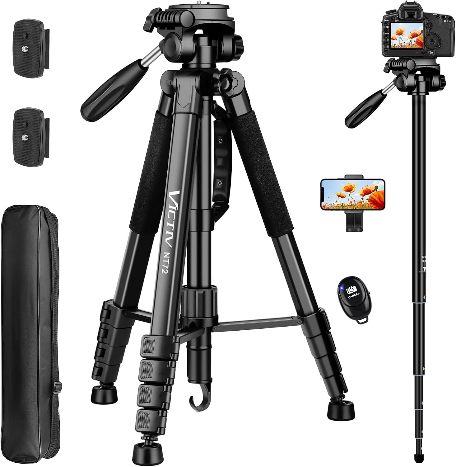 Tripod for Camera and Phone, 72″ Tall Camera Tripod Monopod with Remote