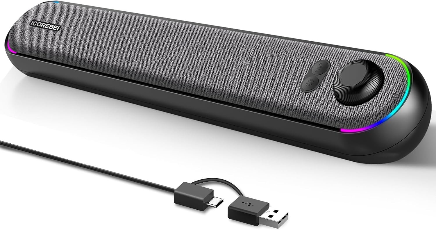 Computer Speakers USB Powered SoundBar for Home Office, Desktop PC Speaker, USB-C, Bluetooth 5.3 PC Speakers with Hi-Fi Stereo Sound, 3 RGB Modes for Mac, Laptop & Monitor