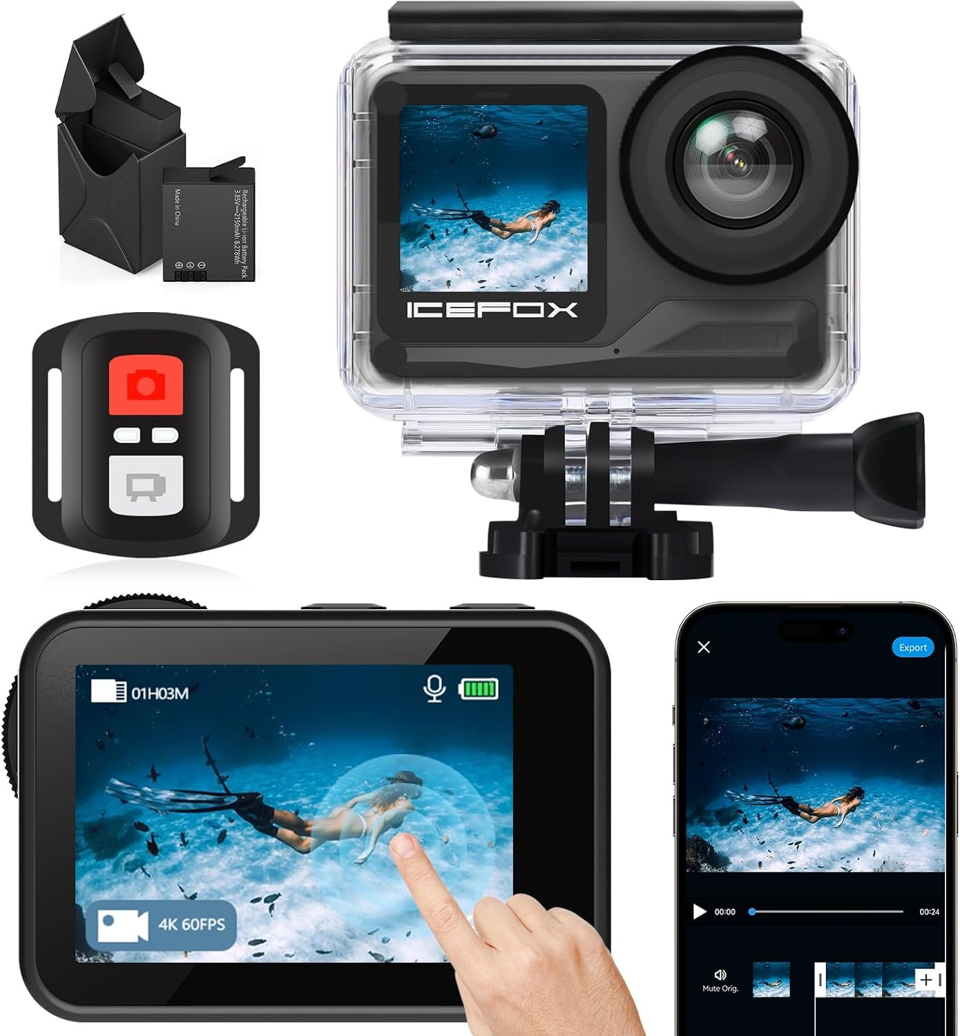icefox 4K Action Camera 5X Zoom 60FPS 20MP 98FT Underwater Sports