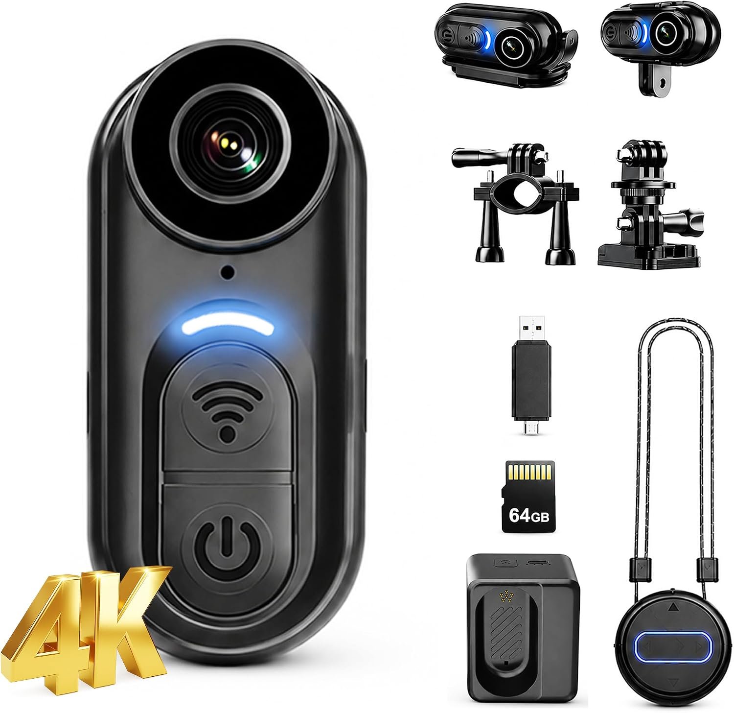 4K Mini Body Cameras Action POV Cam, 64GB Sports Camera with Audio Video Recording, WiFi Portable Magnetic Camcorder, Helmet Mount, Wearable Waterproof Cams for Motorcycle Cycling Hiking Fishing