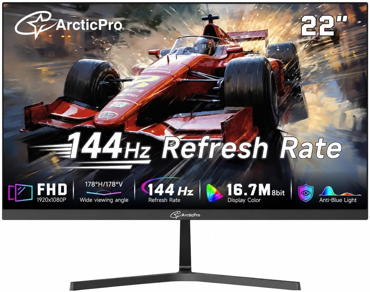 ArcticPro 22 Inch Monitor 144Hz, 1080p Gaming Monitor FHD, Eye Care, VESA