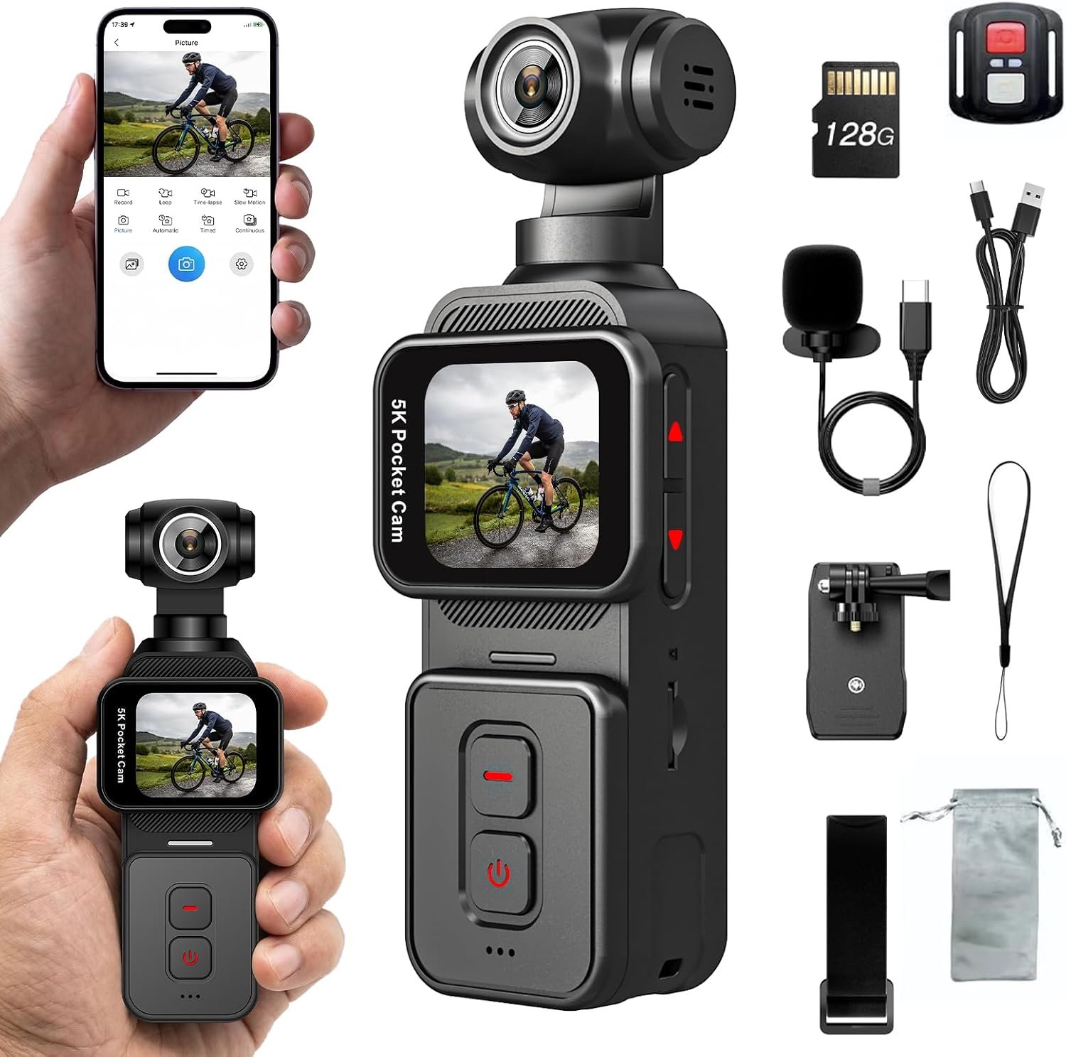 5K Vlogging Pocket Camera with AI Face Tracking, Wi-Fi, 270° Rotating Lens