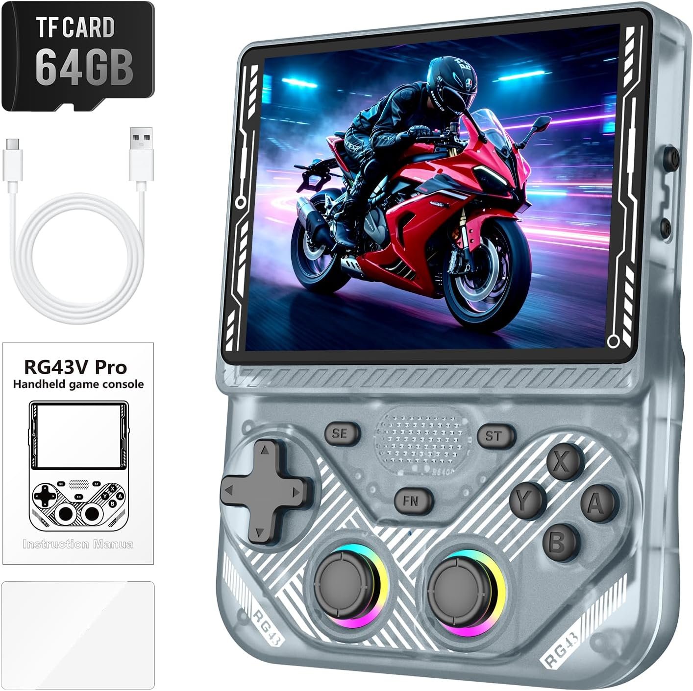 RG43V Pro Retro Gaming Console – 4.3” IPS Handheld Game Console with EmuELEC & RGBOX Dual Systems,Built-in 5000 Classic Video Games,HDMI Output,RK3562 Advanced Gaming Chip,4000mAh Battery-Transparent