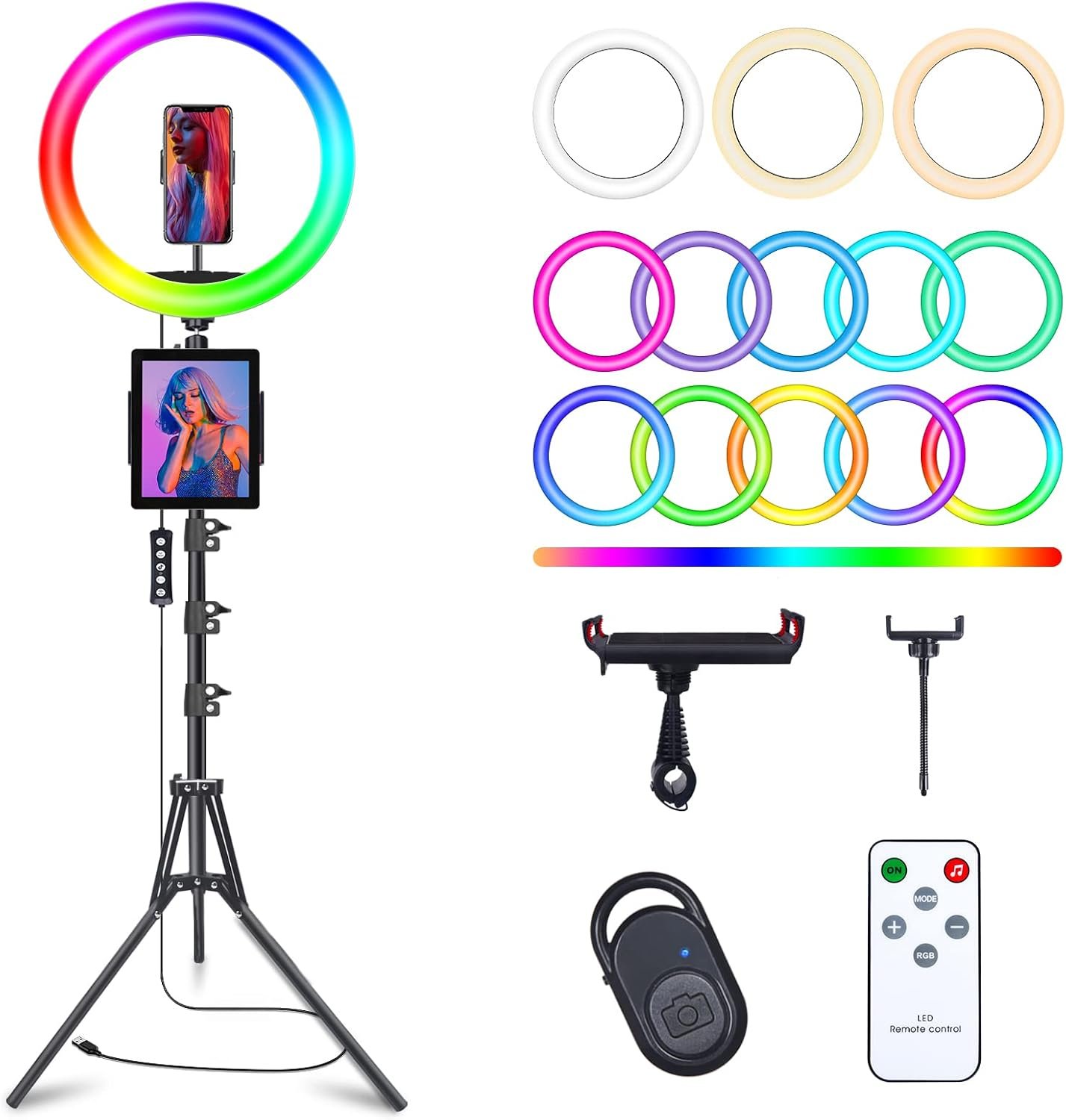 10″ Selfie Ring Light with 73″ Tripod Stand & 1 Phone Holder, LED Camera Ringlight with 48 RGB Colors Modes & Musical Rhythm Mode and 12 Brightness Dimmable for TikTok/Makeup/Photography/Vlog