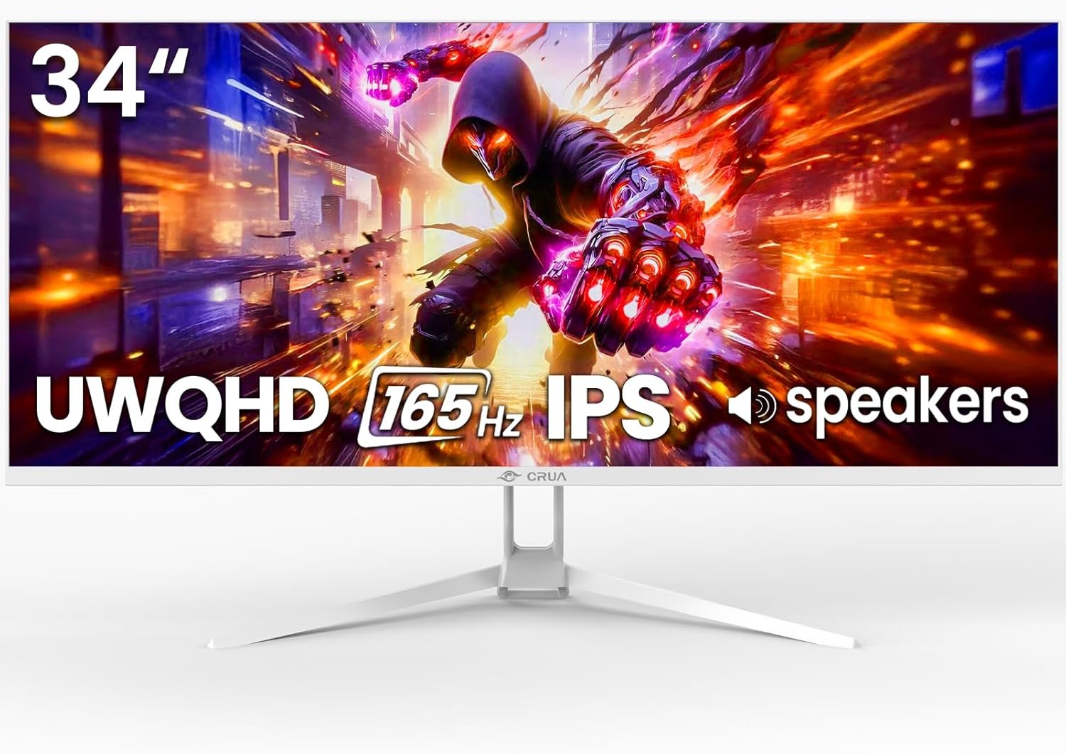 CRUA 34″ WQHD 165Hz IPS Ultrawide Gaming Monitor, FreeSync, HDMI/DP, White