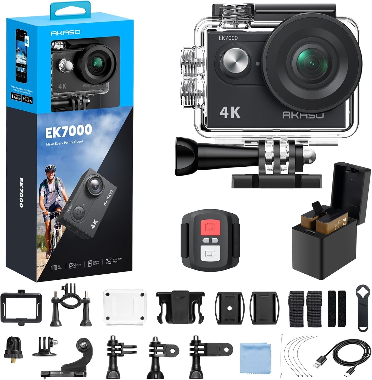AKASO EK7000 4K30fps Action Camera – 131ft Waterproof Camera with Remote Control 4X Zoom Ultra HD 20MP Underwater Camera with Accessories Kit