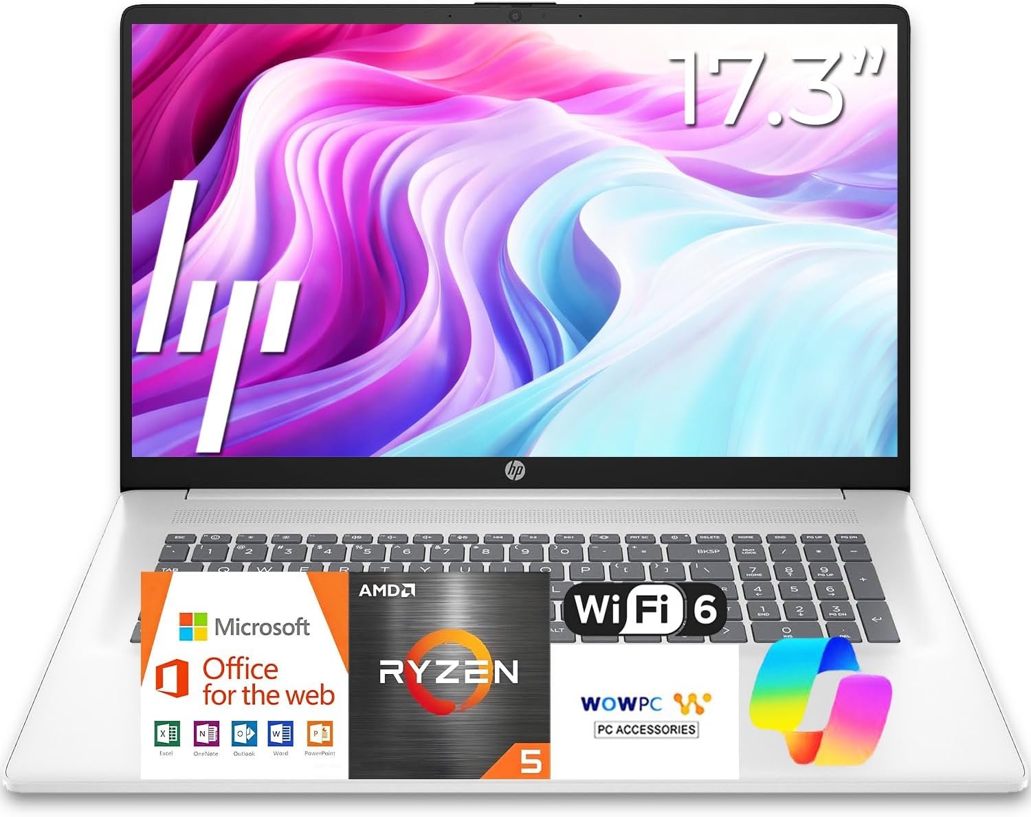 HP 17 inch Business Laptop Computer • 2026 Edition • Latest AMD Ryzen 5 CPU • 16GB RAM • 512GB SSD • 17.3″ FHD Display • Numeric Keypad • Long Battery Life • Windows 11 with Office 365 for The Web