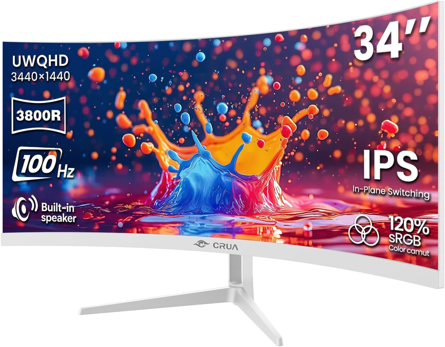 CRUA 34 Inch 21:9 UWQHD 100Hz IPS Ultrawide Curved Monitor, Speakers, White