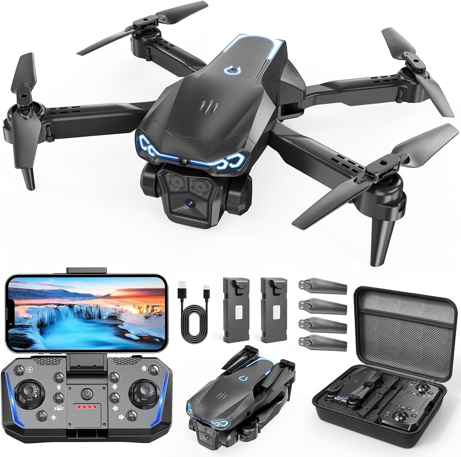 1080P Drone with Camera for Kids & Adults, Easy-to-Fly Foldable Drone for Beginners, One-Key Takeoff, 360° Flip, Gesture Selfie, Headless Mode, 2 Batteries, Great Gift for Boys