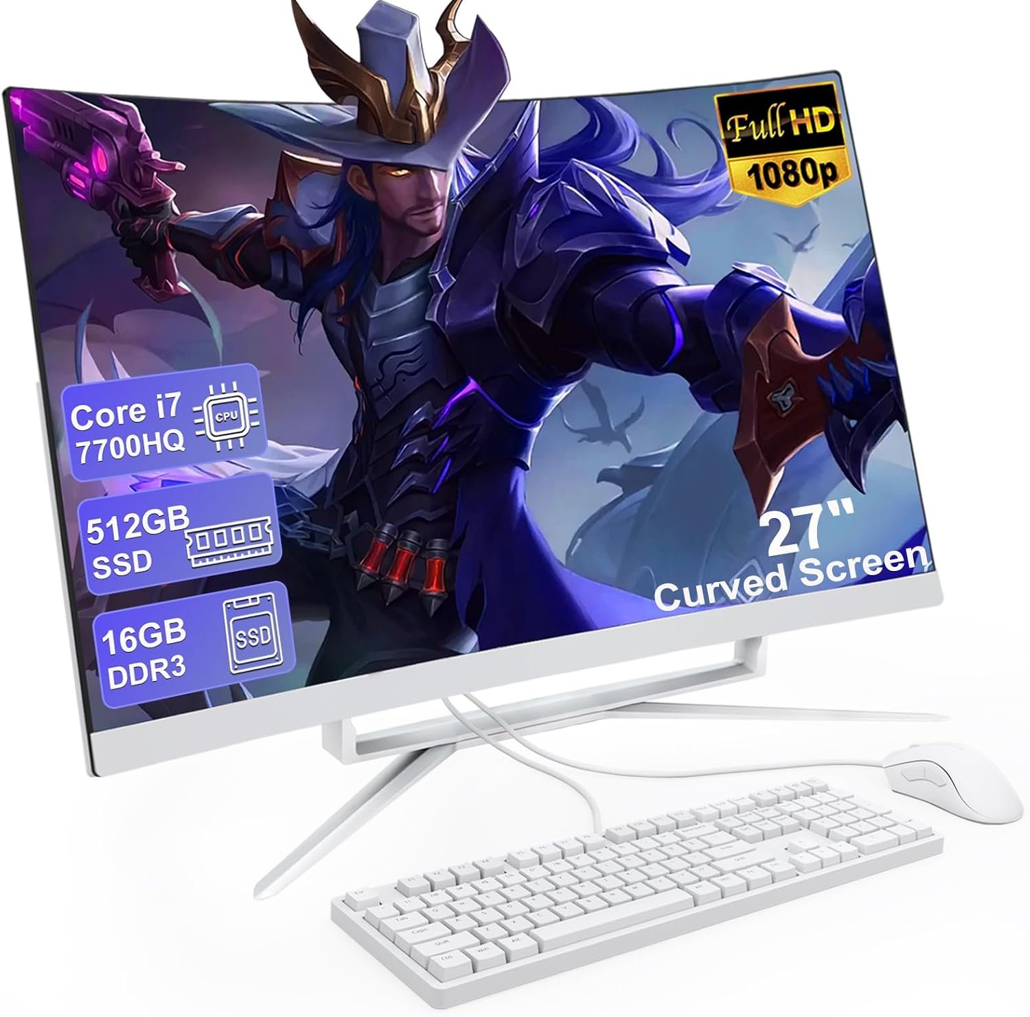 27 inch All-in-One Desktop Computer Curved FHD Display Core i7 7700HQ All-in-One PC 16GB DDR3 512GB ROM SSD Bluetooth 5.3 Dual Band WiFi with Mouse and Wired Keyboard