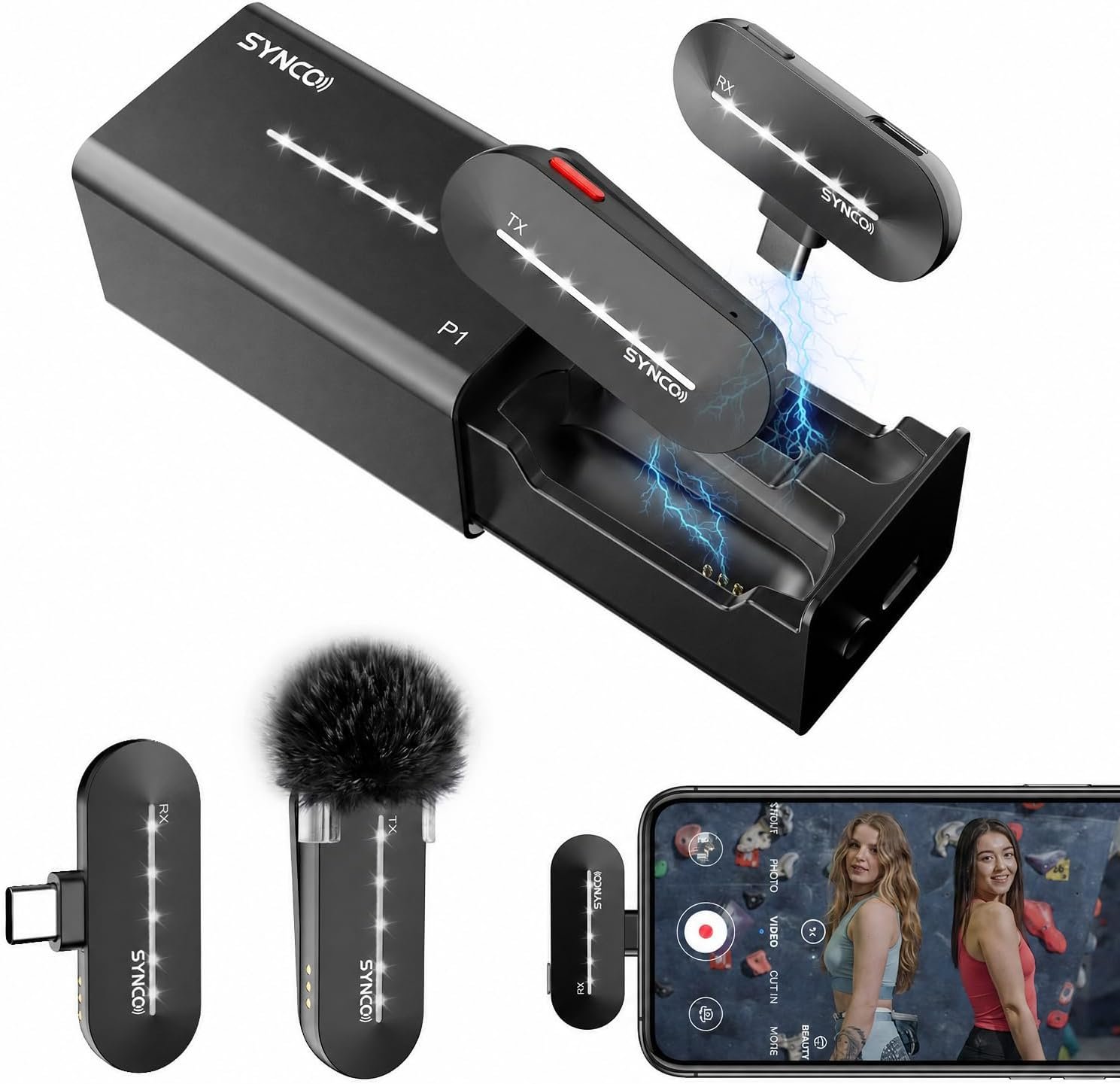 SYNCO Wireless Lavalier Microphone for USB C Smartphones, 48KHz/24Bit Lapel Mic with Charging Case, Noise Cancellation, 492ft Transmission, Real-Time Monitoring for YouTube, TikTok, Podcast & Vlog