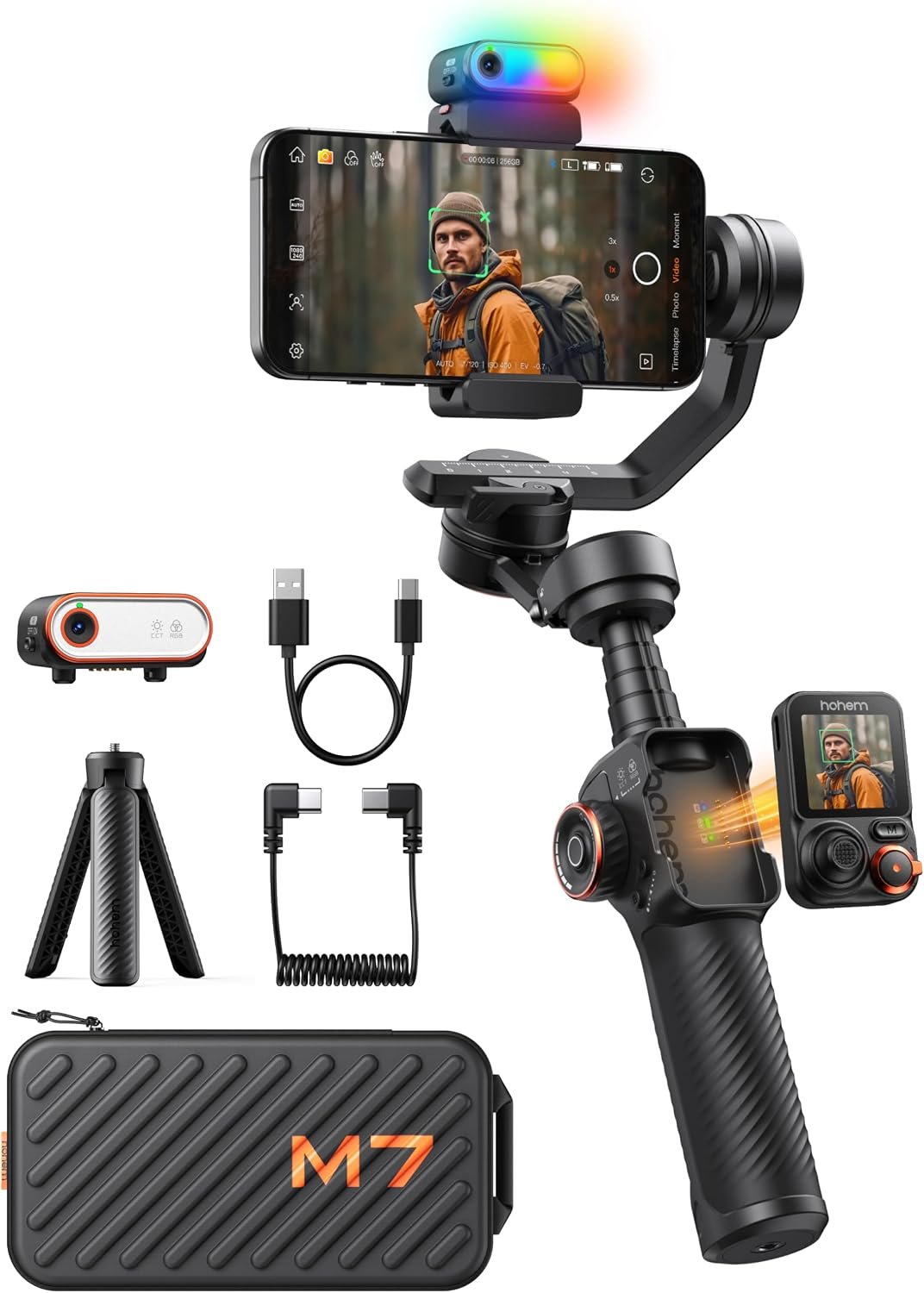 Hohem iSteady M7 Smartphone Gimbal Stabilizer, AI Tracking Sensor with Fill Light, 1.4″ Full Color Detachable Touchscreen Remote Control, Built-in Extension Rod, 3-axis Phone Gimbal for iPhone Android
