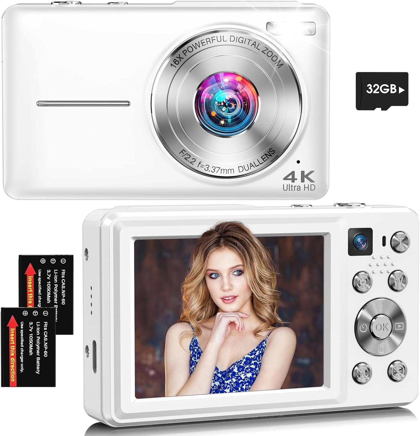 Digital Camera, 4K 64MP Autofocus 16X Zoom Camera with Dual Lens(White)
