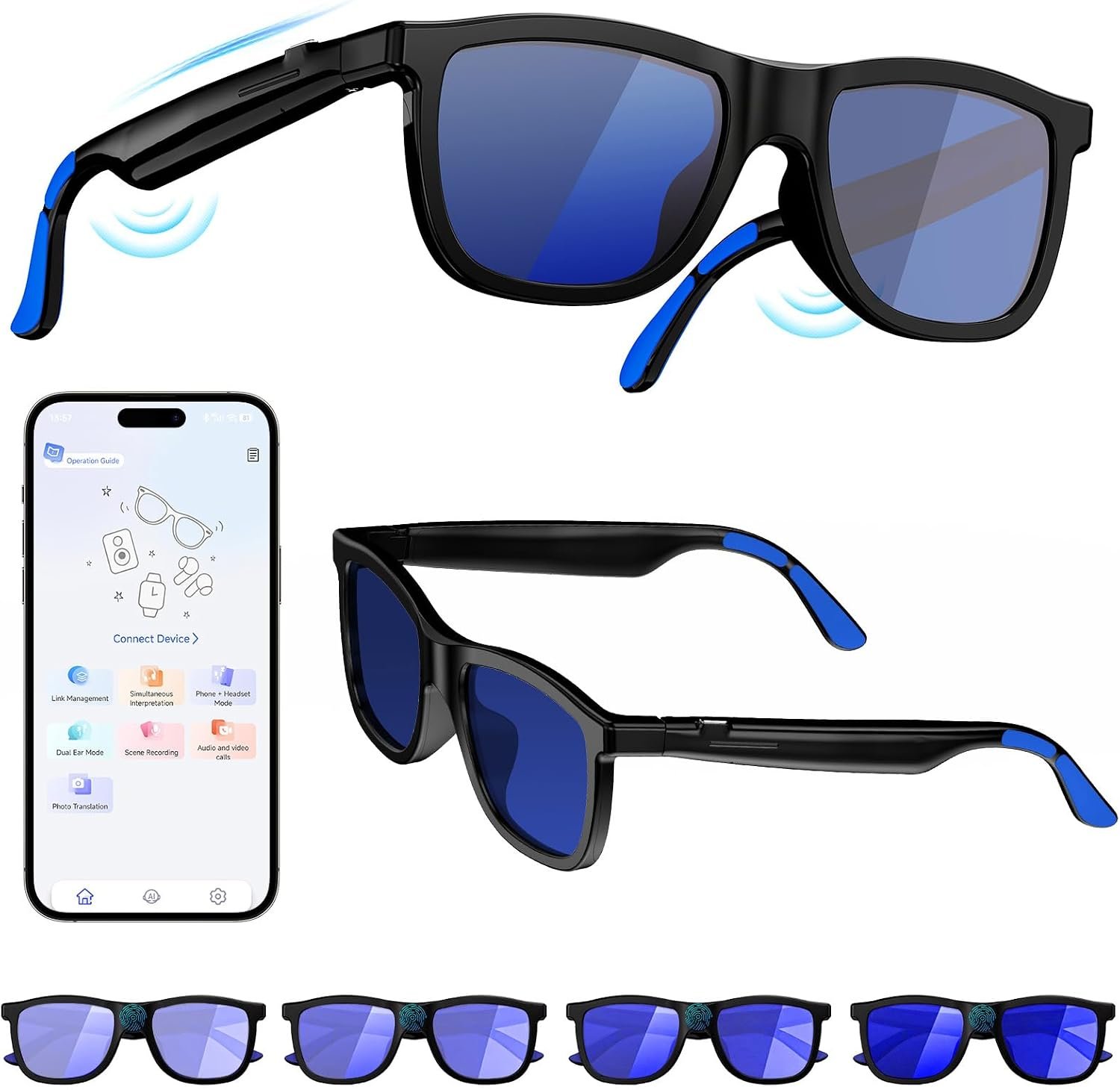 AI Smart Glasses with Electrochromic Lenses, Open Ear Music& Calls