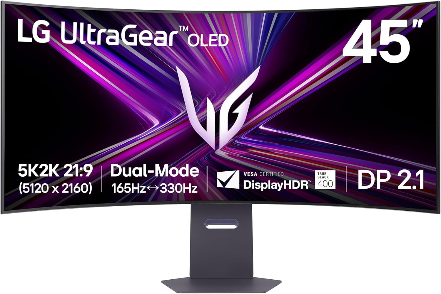 LG 45GX950A-B 45-inch Ultragear 5K2K WUHD (5120 x 2160) OLED Curved Gaming Monitor, Dual-Mode, 165Hz, 0.03ms, NVIDIA G-Sync, AMD FreeSync Premium Pro, HDR True Black 400, USB Type-C 90W, DP2.1