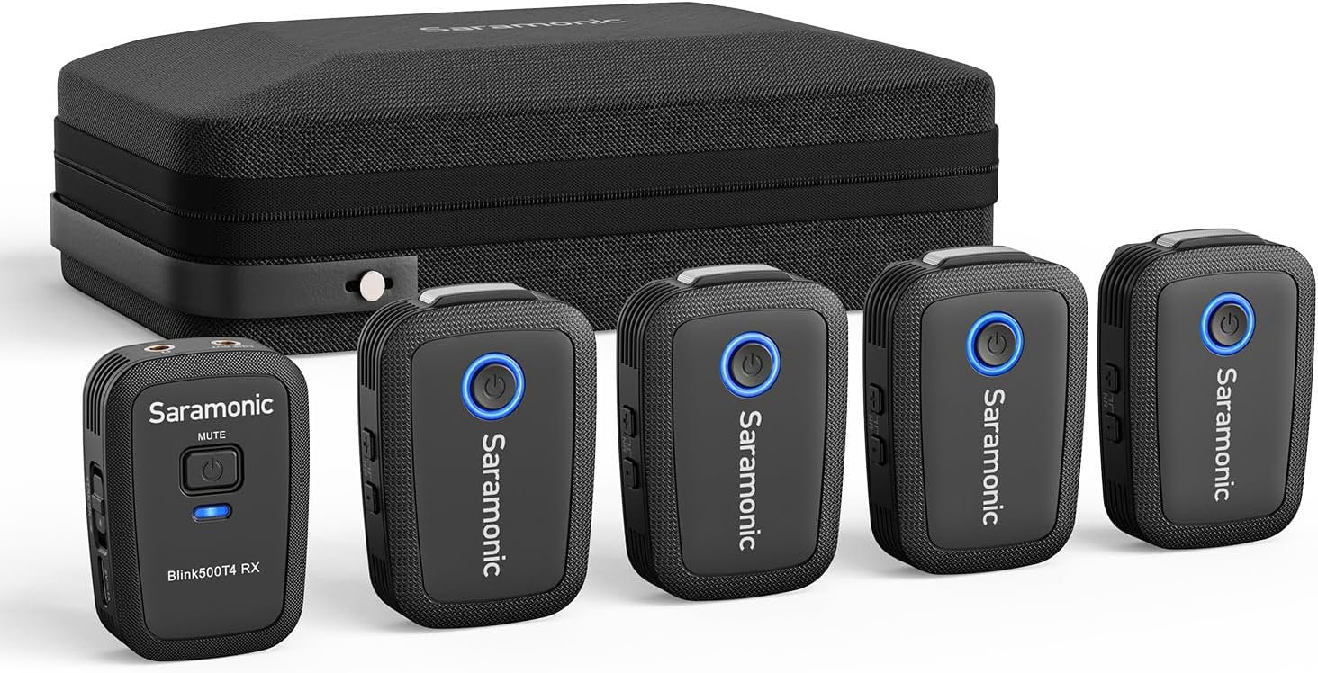 Saramonic Blink 500 T4 4-Channel Wireless Lavalier Microphone System, 4 Transmitters 1 Receiver, 328ft Range, 24-bit/48kHz, Noise Reduction Lapel Mic for iPhone Android Camera DSLR Podcast Interview