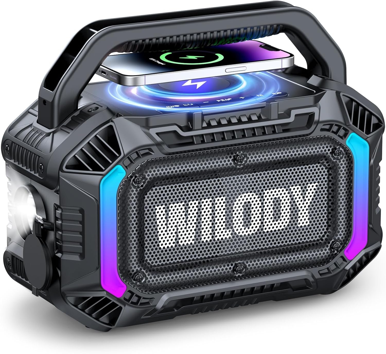 Wilody Speakers Bluetooth Wireless, 100W Loud Outdoor Speaker with Bass, IPX7 Waterproof Floatable, 20H Playtime, Wireless Charge, TWS, RGB Light, Portable Speaker for Work, Garage, Outdoor (L-Black)