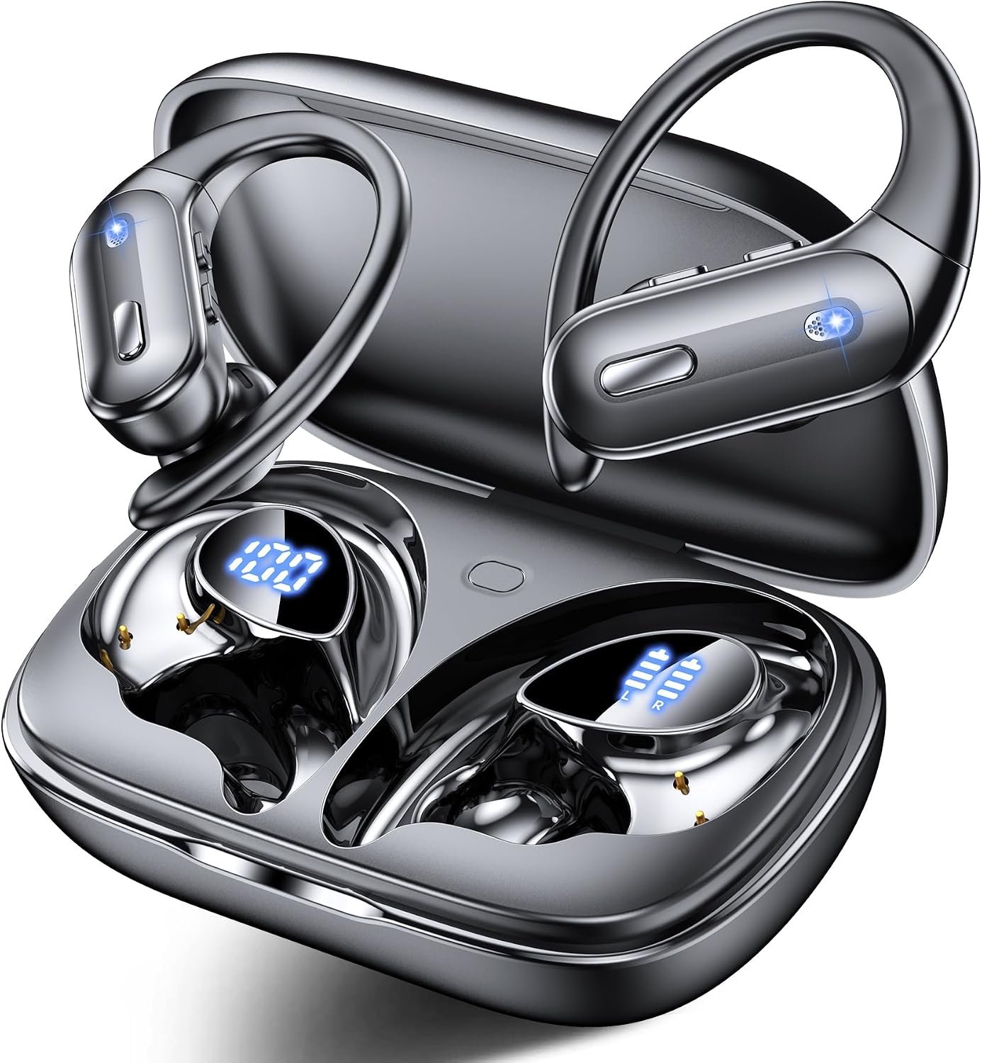 Active Noise Cancelling Wireless Earbuds Bluetooth Headphones 90 Hrs Playtime Ear Buds with Hi-Res Stereo Deep Bass Power Display Earphones with Earhooks Waterproof Transparency Headset Sports/Running